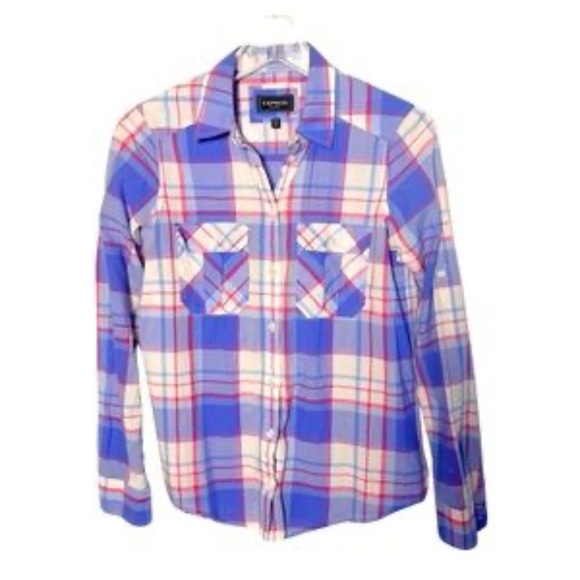 Express Blue Pink Plaid Button Down Shirt - Picture 2 of 6